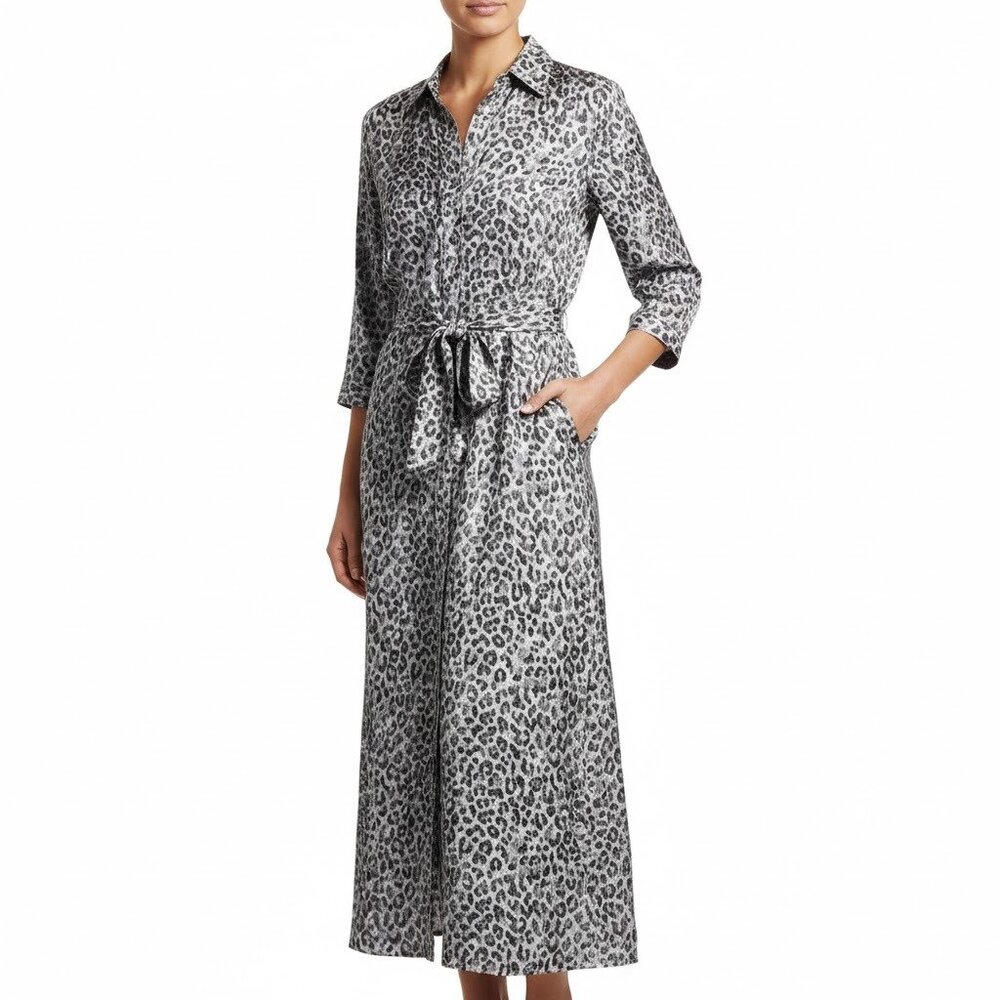 J. McLaughlin Paloma Leopard Silk Shirtdress Medium Grey Black Midi